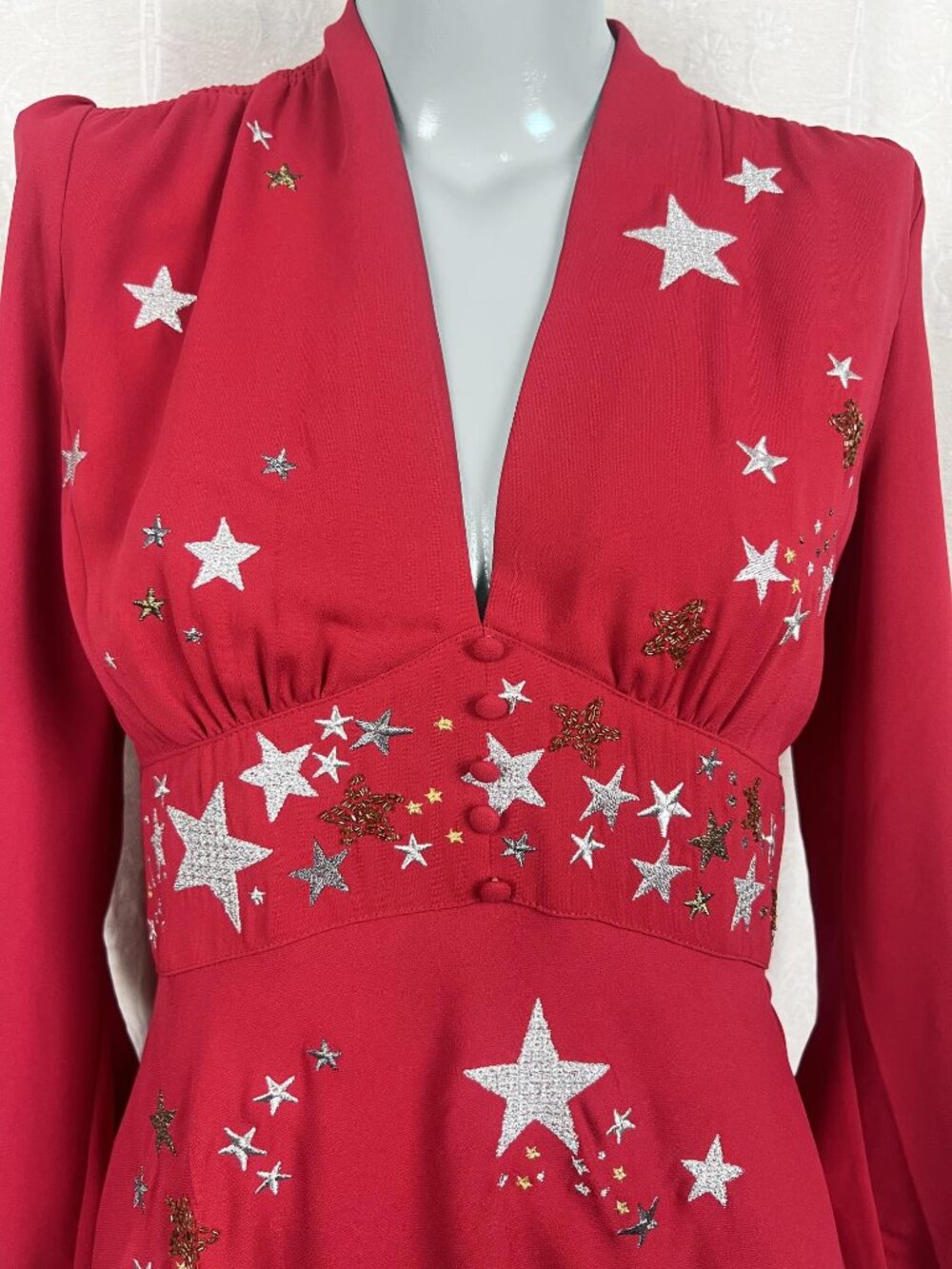 RIXO London Margo red embroidered celestial midi dress retro 40s glamour stars M - Picture 3 of 13
